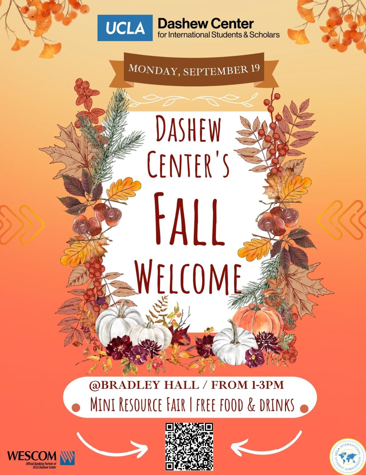 Bright orange, fall themed flyer for Dashew Center's Fall Welcome