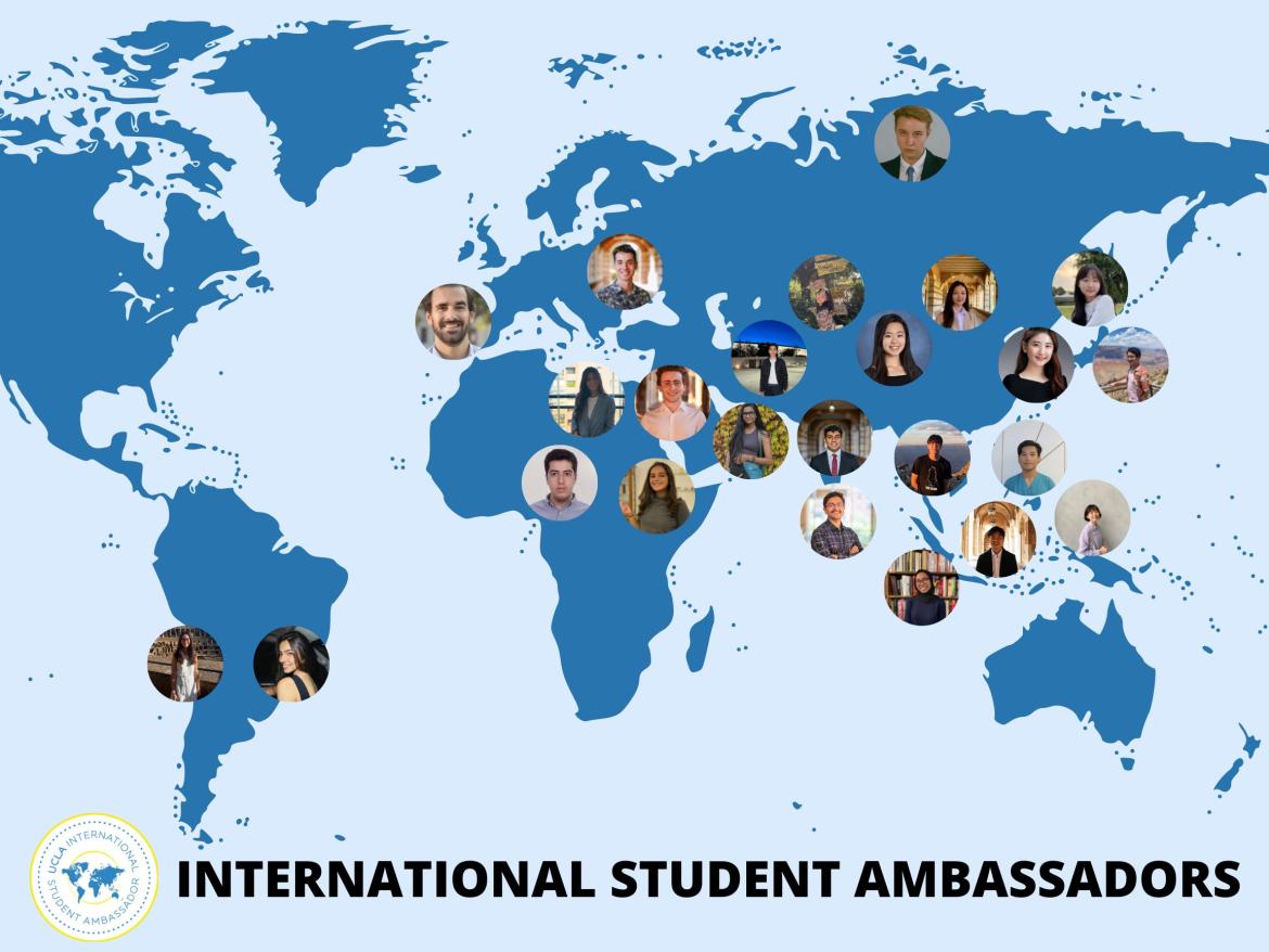 Blue map of the world on blue background, with photos of all Ambassadors hovering over their home countries/regions.