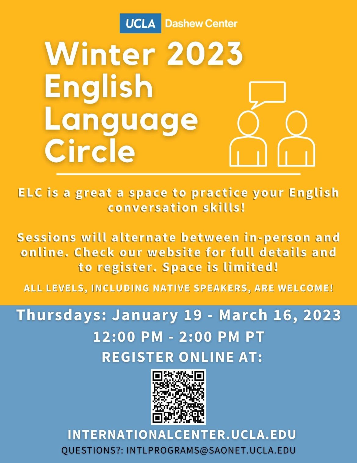 Yellow and blue flyer for Winter 23 English Language Circle