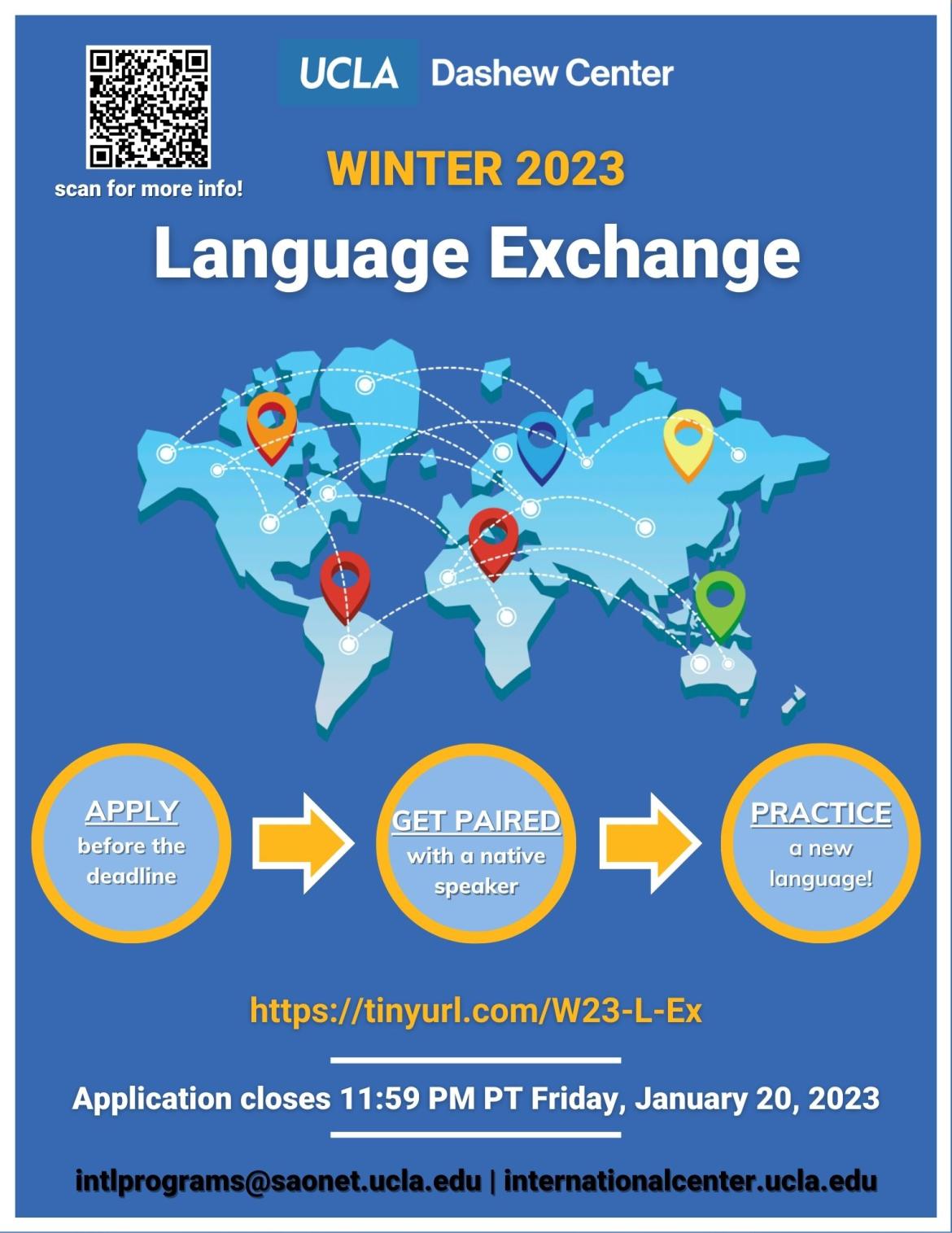 Language exchange informational flyer on blue background with Qr code