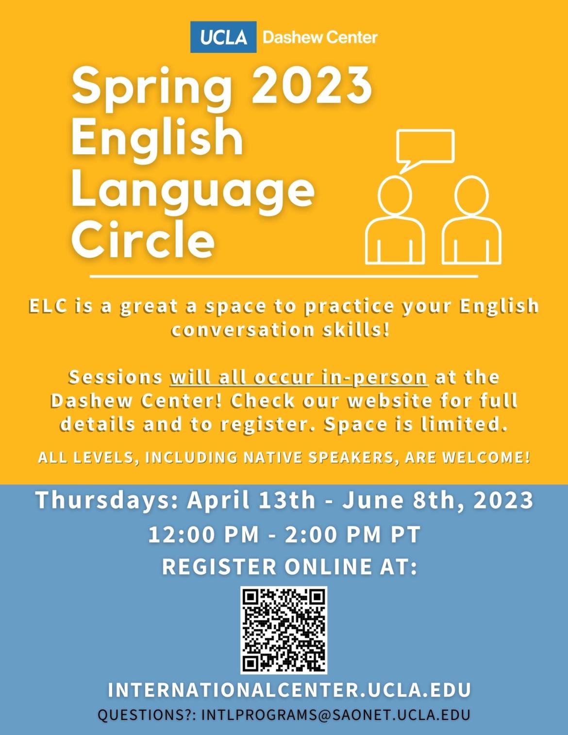 yellow and blue flyer for spring 23 english language circle
