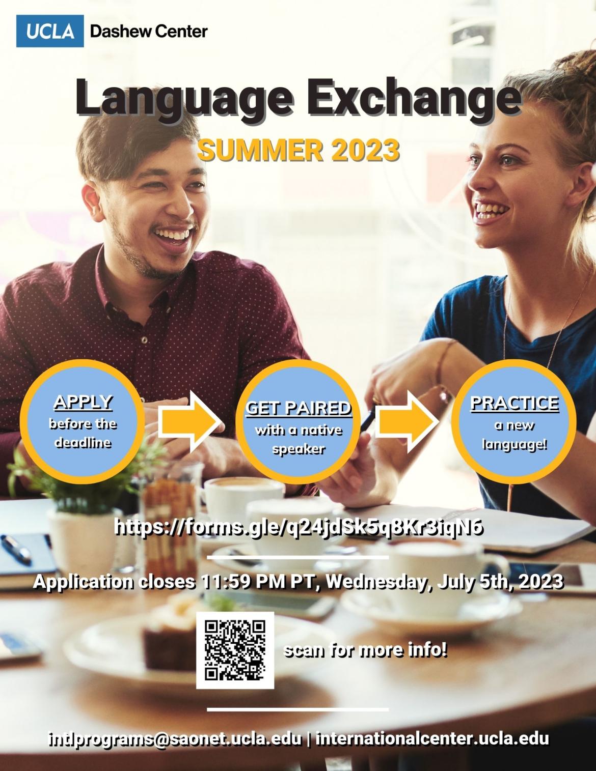 flyer for language exchange showing 2 people laughing over coffee