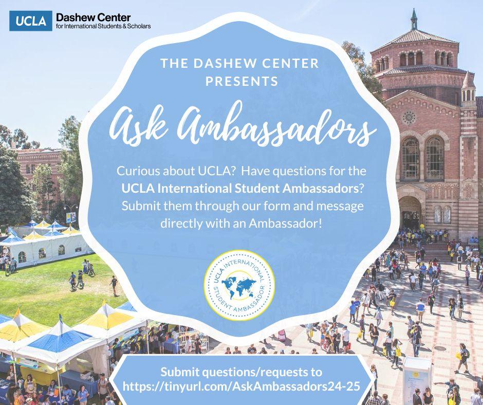 Ask Ambassadors flyer, blue on Royce quad background