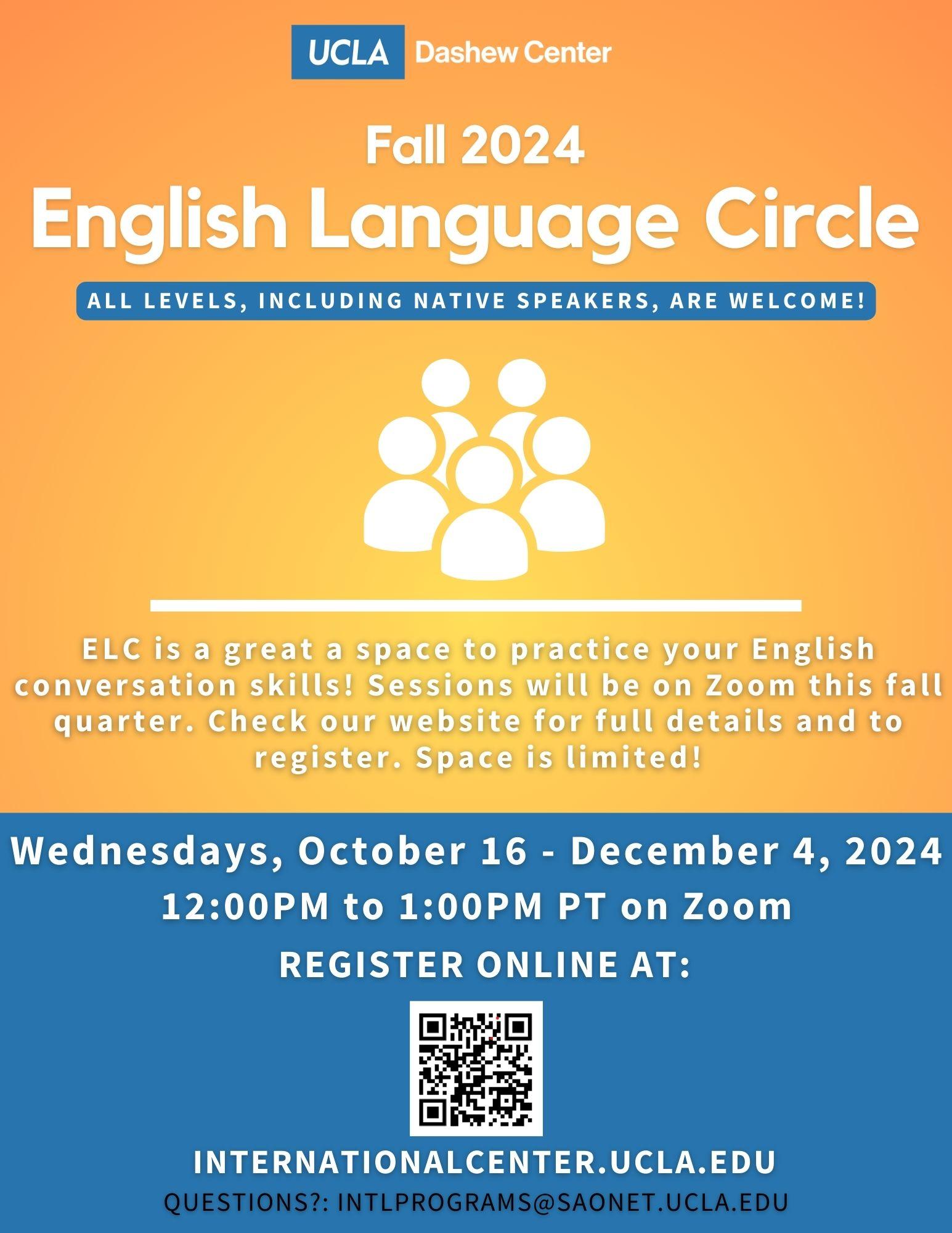 Fall 2024 English Language Circle flyer. Blue and gold image advertising program for fall quarter.