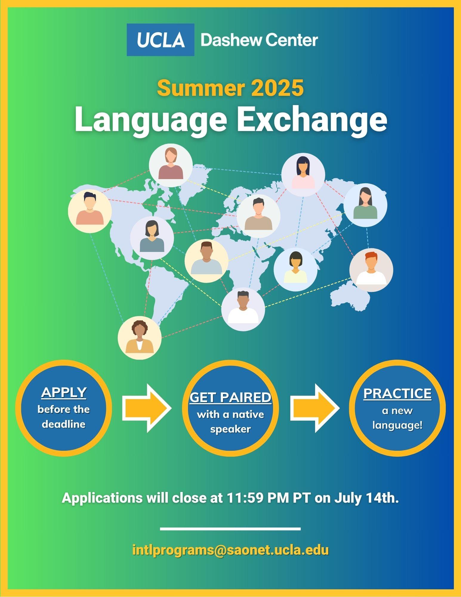 blue and green flyer advertising summer language exchange 2025 information
