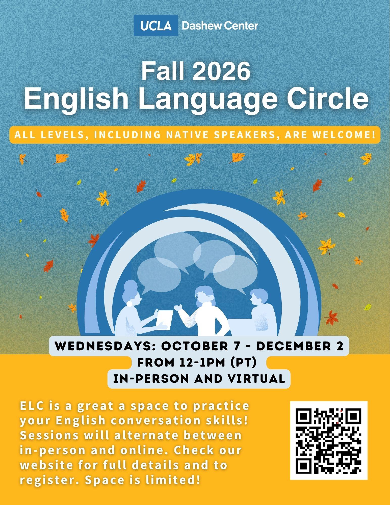 Flyer for Fall 2026 English Language Circle program. Graphic of people conversing in light blue against ombre blue background, with fall leaves swirling. Flyer includes brief info on dates and time for program, also included on this webpage.